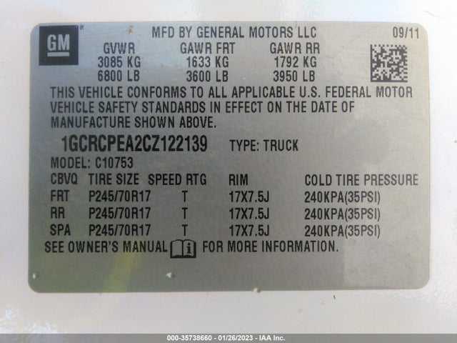 2012 CHEVROLET SILVERADO 1500 WORK TRUCK VIN: 1GCRCPEA2CZ122139