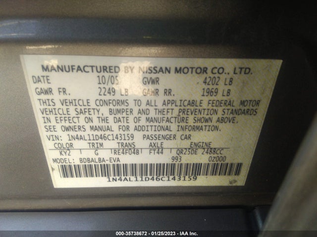 2006 NISSAN ALTIMA 2.5 VIN: 1N4AL11D46C143159