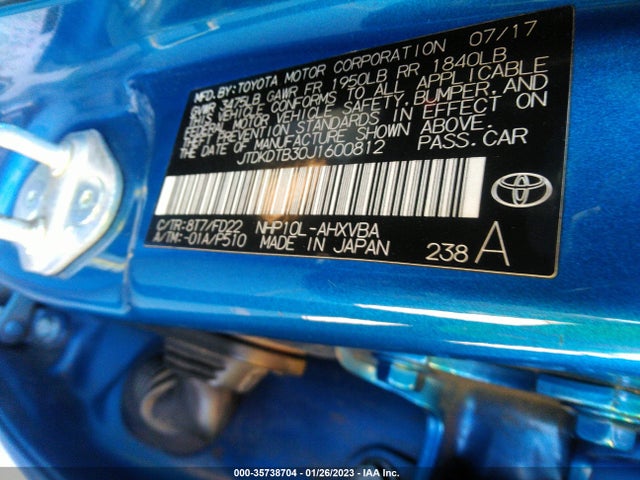 2018 Toyota Prius, VIN: JTDKDTB30J1600812