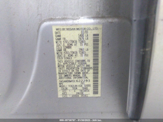 2005 NISSAN XTERRA S VIN: 5N1AN08W45C622293