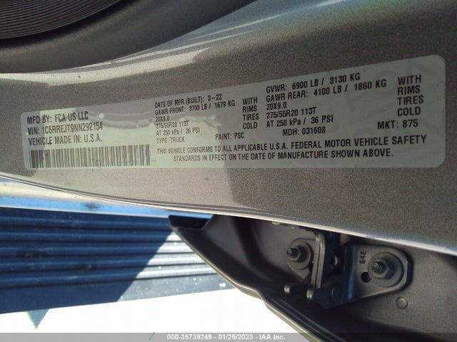 2022 Ram 1500, VIN: 1C6RREJT9NN292154