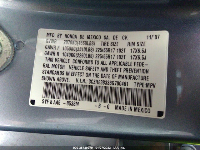 2008 HONDA CR-V LX VIN: 3CZRE38338G700461