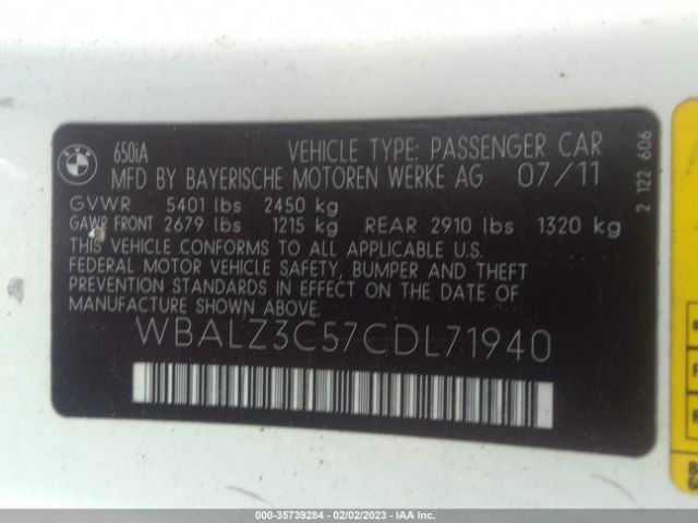 WBALZ3C57CDL71940 BMW 6 Series 650i