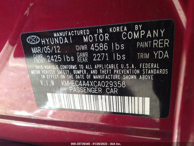 2012 HYUNDAI SONATA HYBRID VIN: KMHEC4A4XCA029358