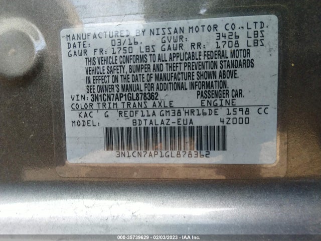 2016 Nissan Versa, VIN: 3N1CN7AP1GL878362