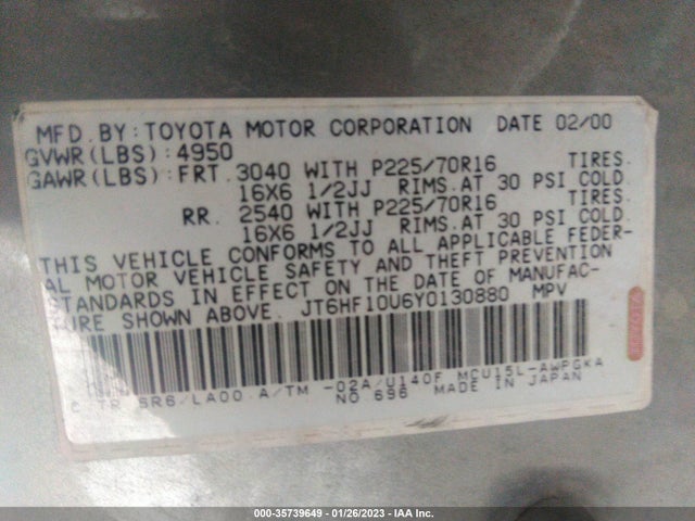 2000 LEXUS RX 300 VIN: JT6HF10U6Y0130880