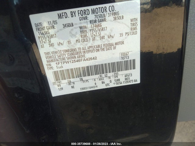 2006 FORD F-150 XLT/LARIAT/KING RANCH VIN: 1FTPW12546FA42642