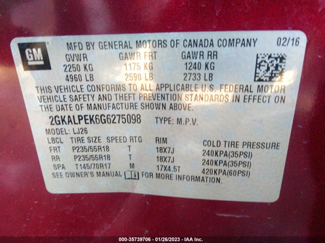 2016 GMC Terrain, VIN: 2GKALPEK6G6275098