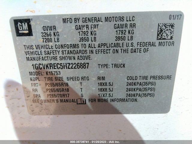 2017 CHEVROLET SILVERADO 1500 LT VIN: 1GCVKREC5HZ226887