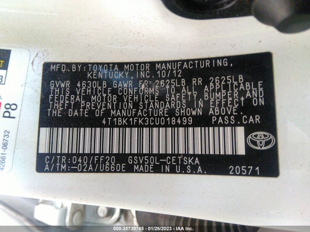 2012 TOYOTA CAMRY SE/XLE VIN: 4T1BK1FK3CU018499