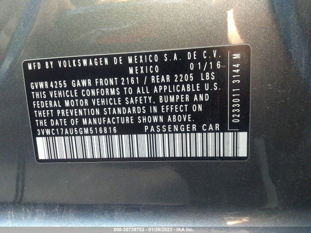 2016 Volkswagen Jetta, VIN: 3VWC17AU5GM516816