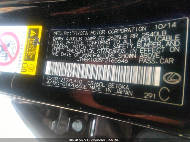 Lexus ES 350 2015 JTHBK1GG5F2165646 Image 9
