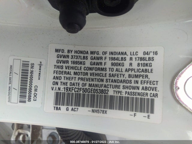 2016 HONDA CIVIC SEDAN LX VIN: 19XFC2F50GE053802