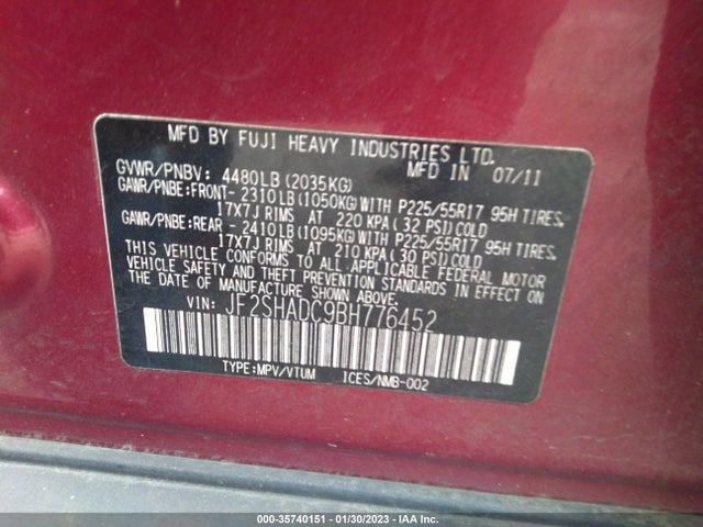 2011 SUBARU FORESTER 2.5X PREMIUM VIN: JF2SHADC9BH776452