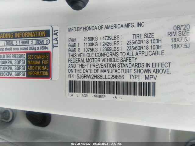 2020 HONDA CR-V EX-L VIN: 5J6RW2H86LL029866