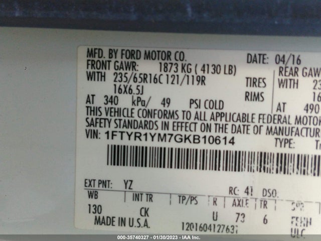 Ford TRANSIT CARGO VAN 2016 1FTYR1YM7GKB10614 Image 10