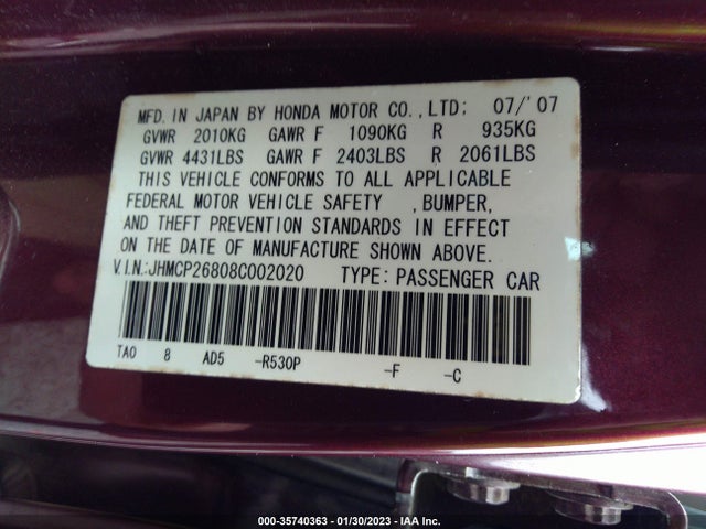 2008 HONDA ACCORD SDN EX-L VIN: JHMCP26808C002020