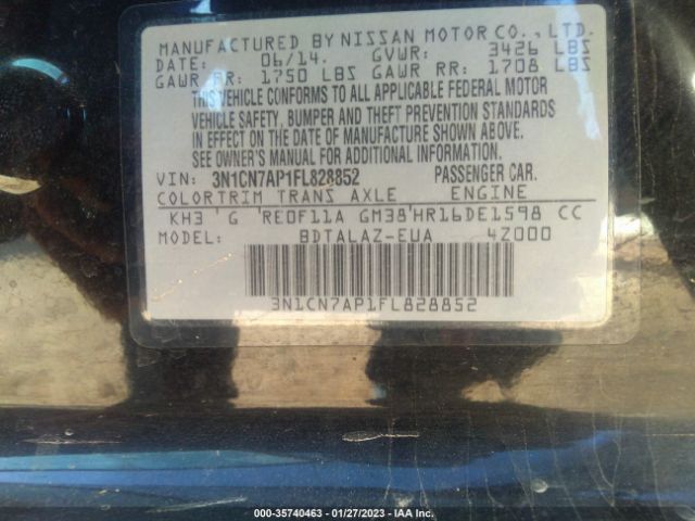 3N1CN7AP1FL828852 Nissan Versa S Plus