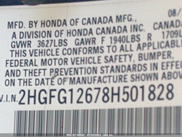 2008 HONDA CIVIC CPE LX VIN: 2HGFG12678H501828