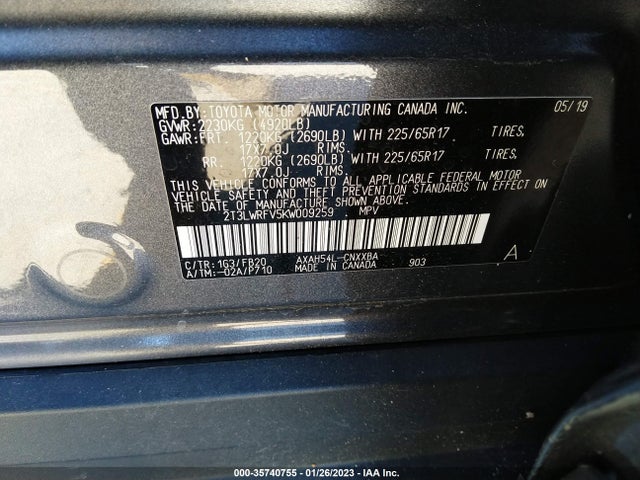 2019 Toyota RAV4, VIN: 2T3LWRFV5KW009259