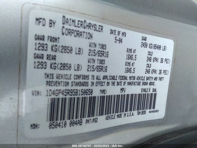 2005 DODGE CARAVAN SXT VIN: 1D4GP45R95B150650
