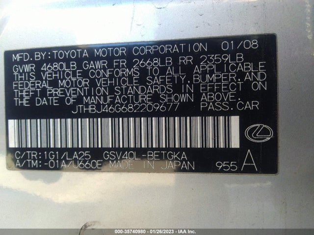 2008 LEXUS ES 350 VIN: JTHBJ46G682209677