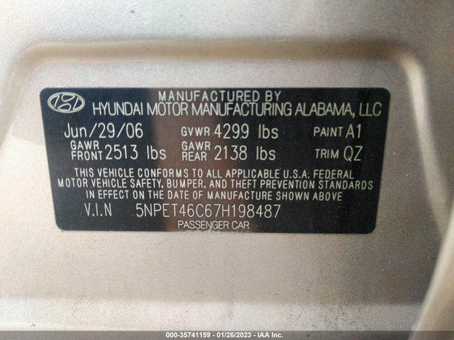 2007 HYUNDAI SONATA GLS VIN: 5NPET46C67H198487
