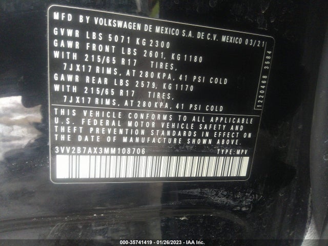 3VV2B7AX3MM108706 Volkswagen Tiguan Se/se R-line Black/sel