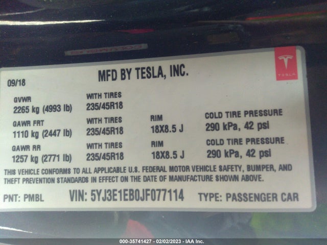 Tesla Model 3 Long Range 2018 5YJ3E1EB0JF077114 Image 9