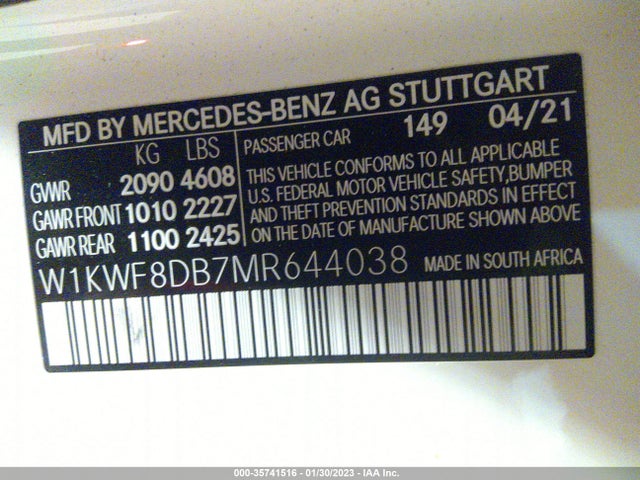 2021 Mercedes-Benz C-Class, VIN: W1KWF8DB7MR644038