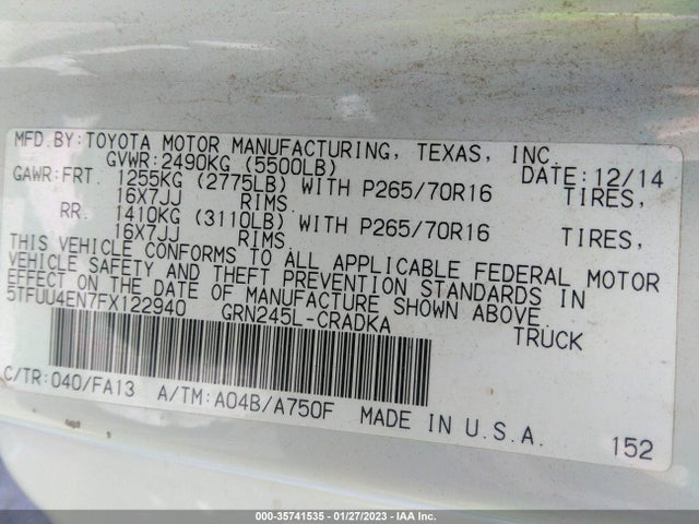2015 TOYOTA TACOMA VIN: 5TFUU4EN7FX122940