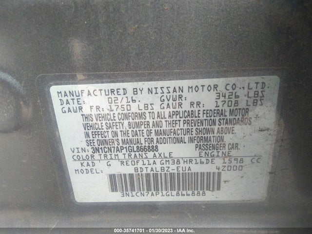 2016 Nissan Versa, VIN: 3N1CN7AP1GL866888