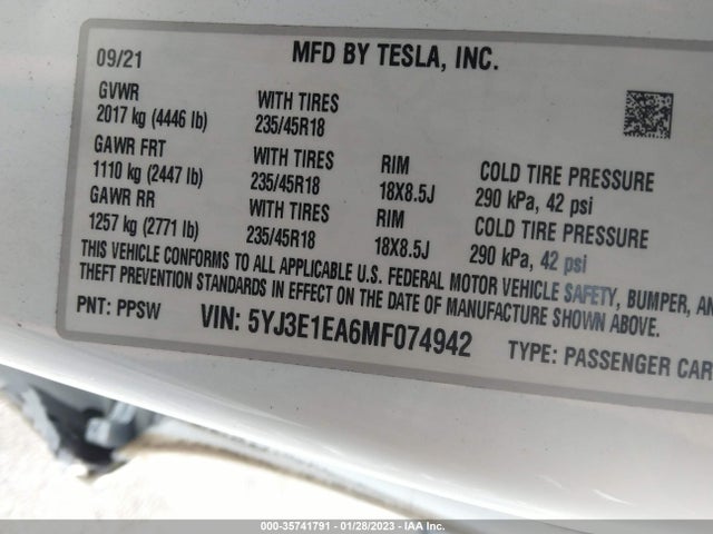 Tesla Model 3 Standard Range Plus 2021 5YJ3E1EA6MF074942 Image 9