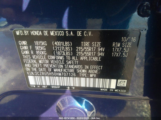 2017 Honda HR-V, VIN: 3CZRU5H50HM707126