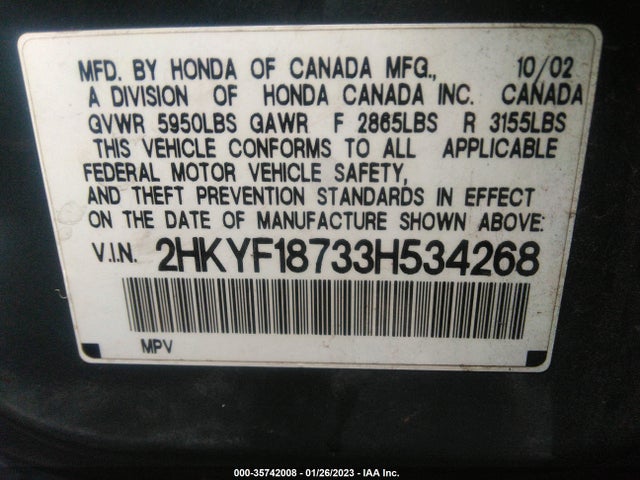 2003 HONDA PILOT EX VIN: 2HKYF18733H534268