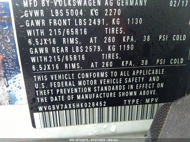 2017 Volkswagen Tiguan, VIN: WVGBV7AX5HK028452