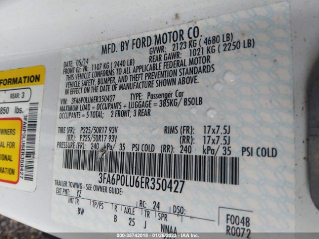 Ford Fusion Se Hybrid 2014 3FA6P0LU6ER350427 Image 9