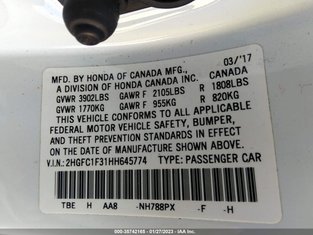 2017 HONDA CIVIC SEDAN EX-T VIN: 2HGFC1F31HH645774