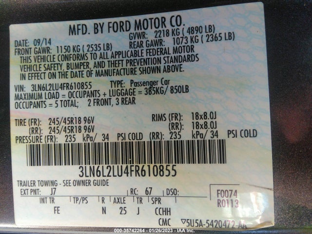 2015 Lincoln MKZ, VIN: 3LN6L2LU4FR610855