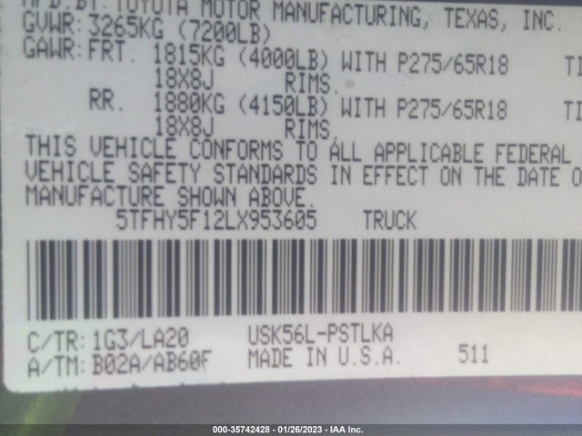 2020 Toyota Tundra, VIN: 5TFHY5F12LX953605