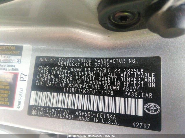 2015 TOYOTA CAMRY SE VIN: 4T1BF1FK2FU114178