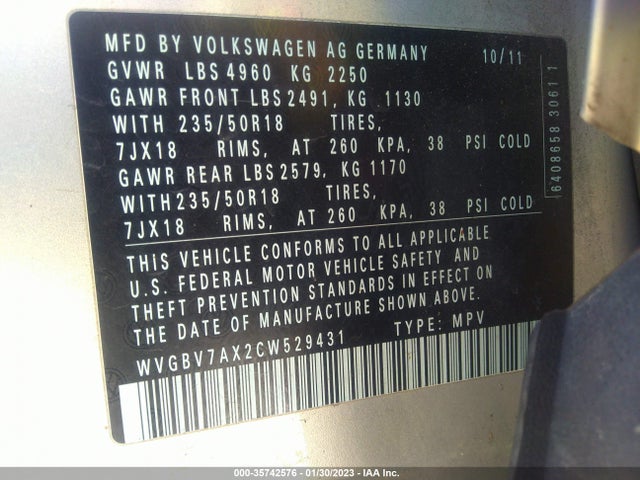 Aukcja sprzedaży 2012 Volkswagen Tiguan Se, vin: WVGBV7AX2CW529431, numer aukcji: 35742576