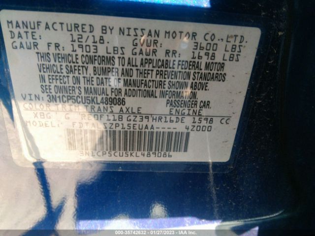 3N1CP5CU5KL489086 Nissan KICKS SV