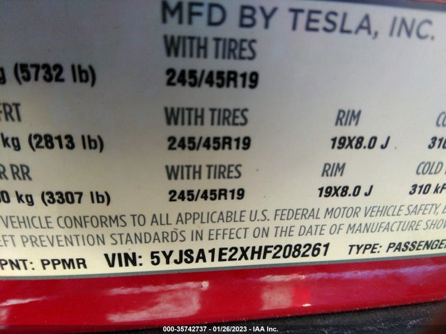 Tesla MODEL S 2017 5YJSA1E2XHF208261 Image 10