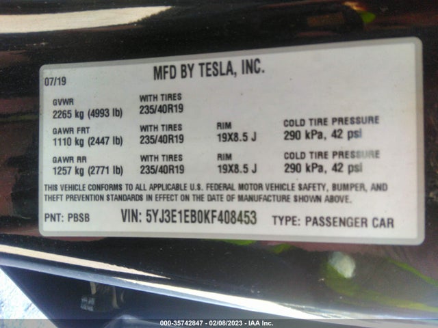 Tesla MODEL 3 2019 5YJ3E1EB0KF408453 Image 9