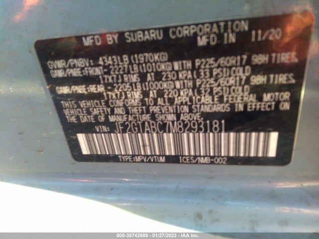 2021 SUBARU CROSSTREK VIN: JF2GTABC7M8293181