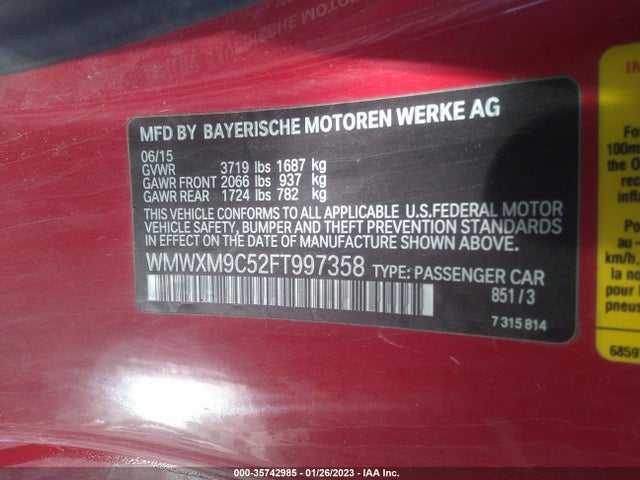 2015 MINI COOPER HARDTOP JOHN COOPER WORKS VIN: WMWXM9C52FT997358
