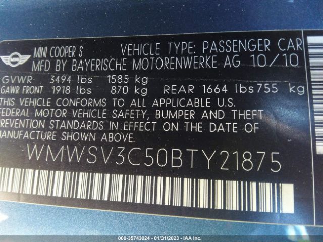 WMWSV3C50BTY21875 Mini Cooper Hardtop S