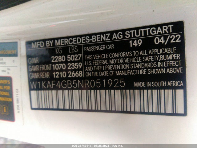 2022 Mercedes-Benz C-Class, VIN: W1KAF4GB5NR051925