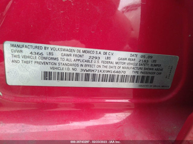 2009 VOLKSWAGEN JETTA SEDAN SE VIN: 3VWRM71KX9M164870